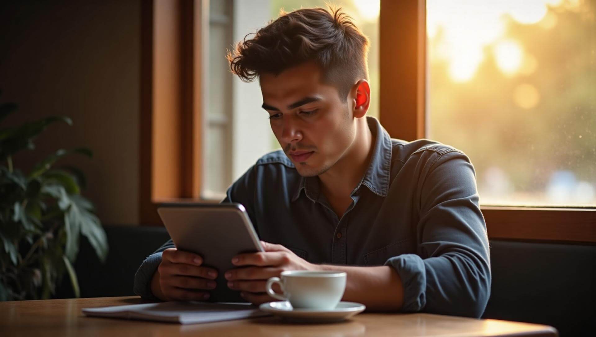 Joven mexicano leyendo noticias en una tableta en un café con luz cálida