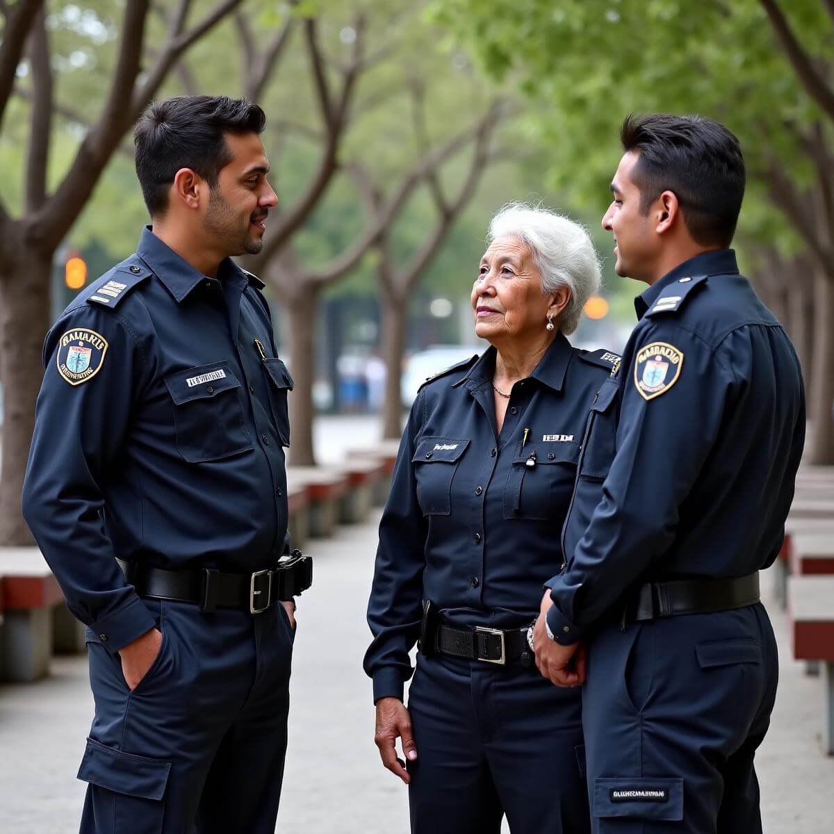 Elementos de seguridad conversando con vecinos en un programa de proximidad en una plaza