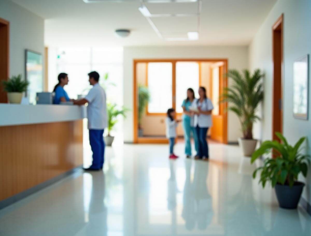 Hospital público moderno con personal médico atendiendo a una familia