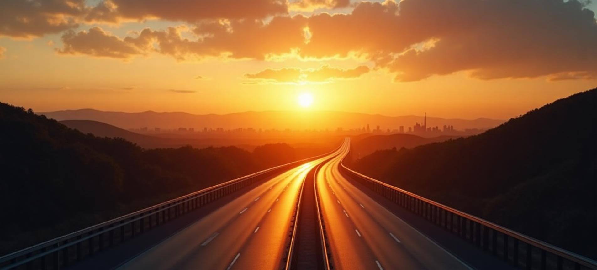 Carretera moderna que cruza un paisaje mexicano al amanecer con una ciudad al fondo